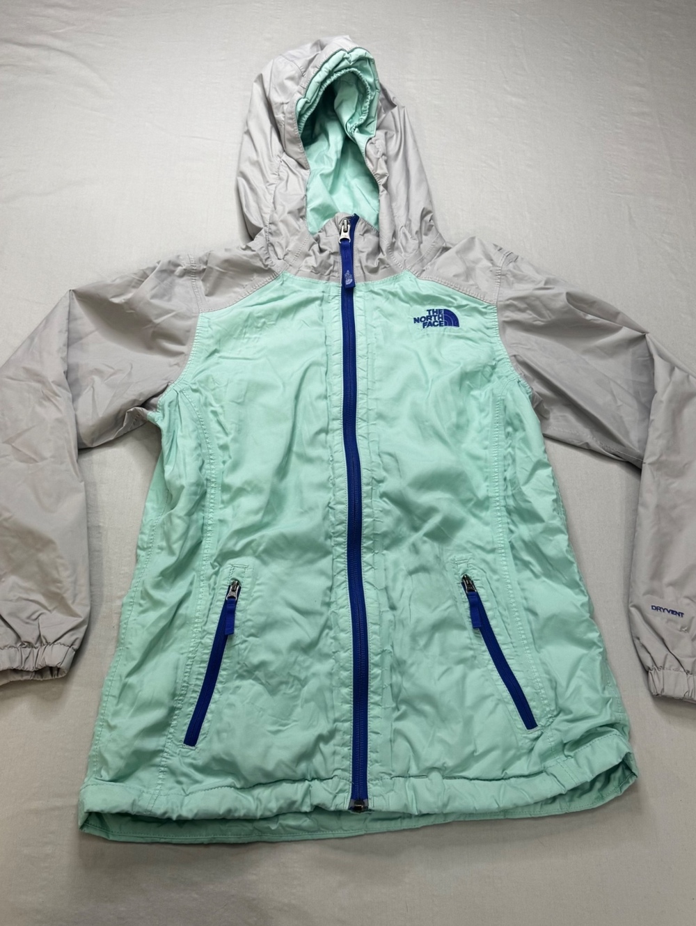 The North Face Girls 10/12 DryVent Jacket Mint Gray Hooded Windbreaker